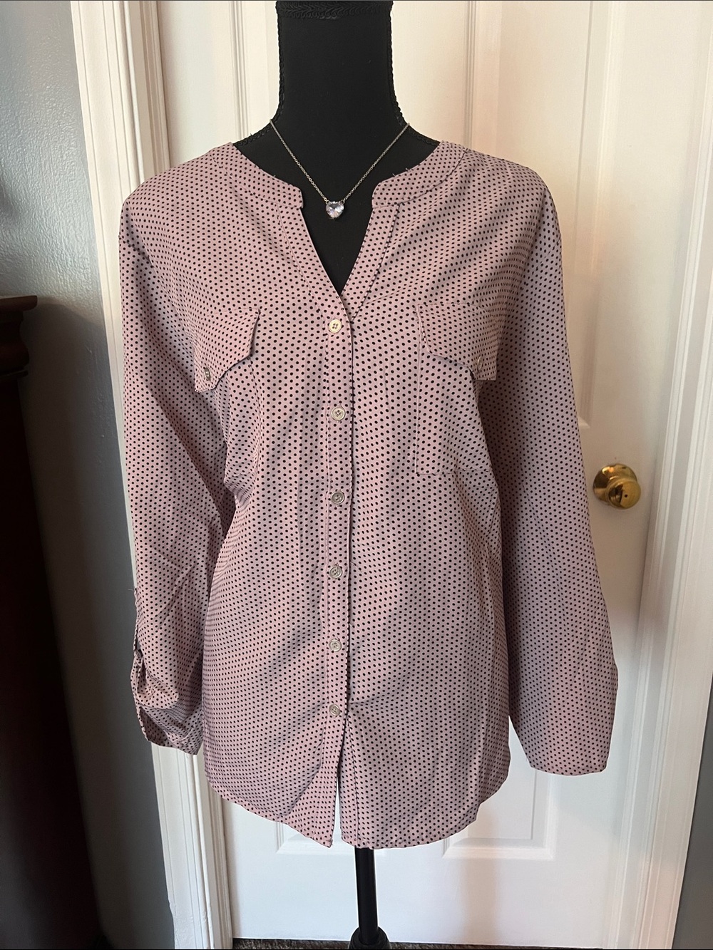 NY Collection Mauve Dot Button-Front Blouse
